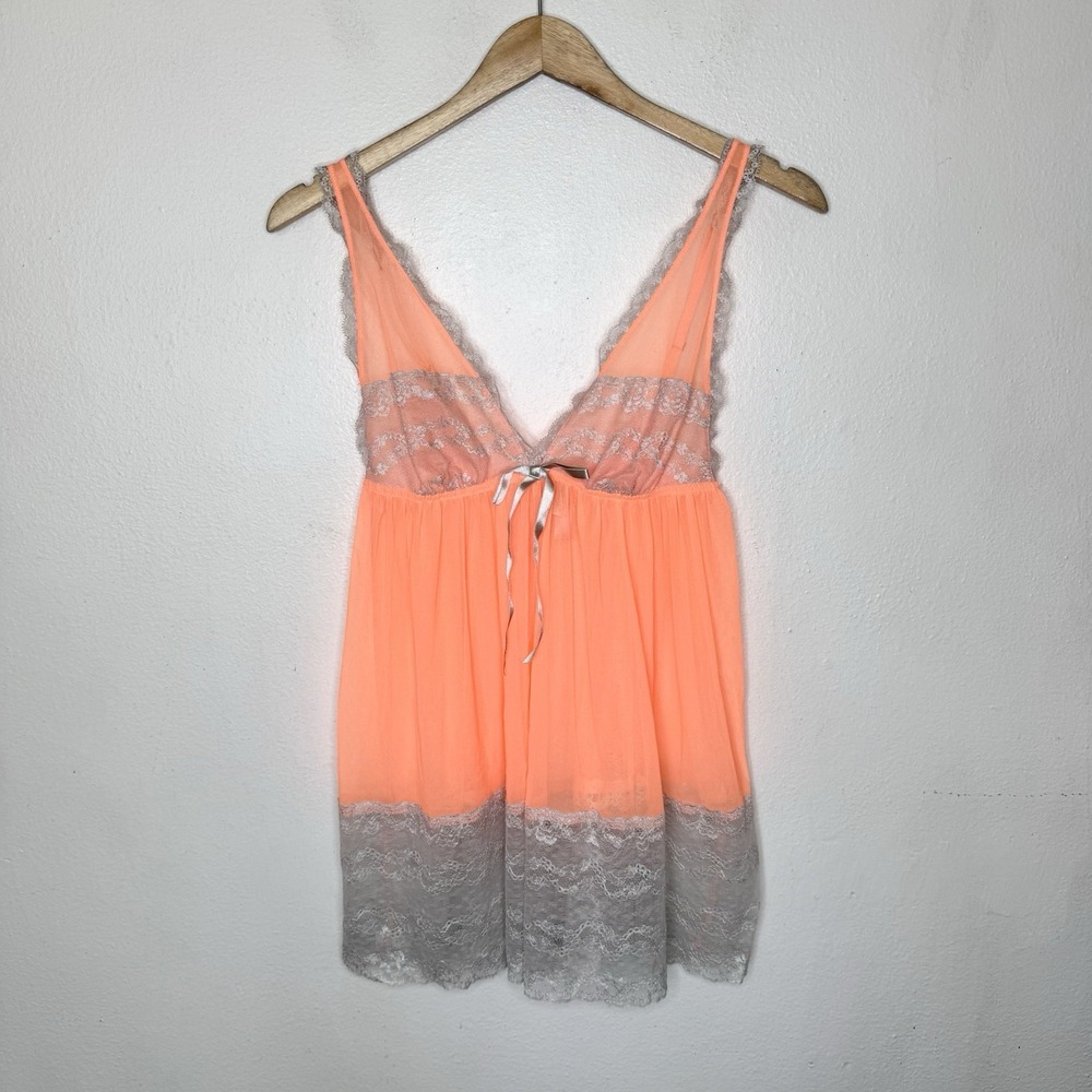 Victorias Secret Bright Orange Sheer Chemise Gray Lace Lingerie‎ Womens Large